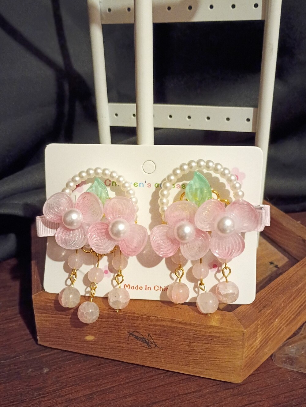 Delicate Pink Flower Pearl Drop Hair Clips
